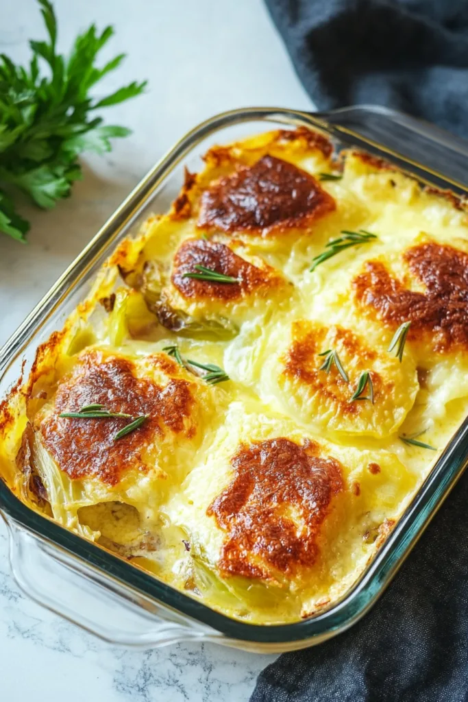 Warm, comforting baked vegetable dish with a golden crust and fresh herbs.