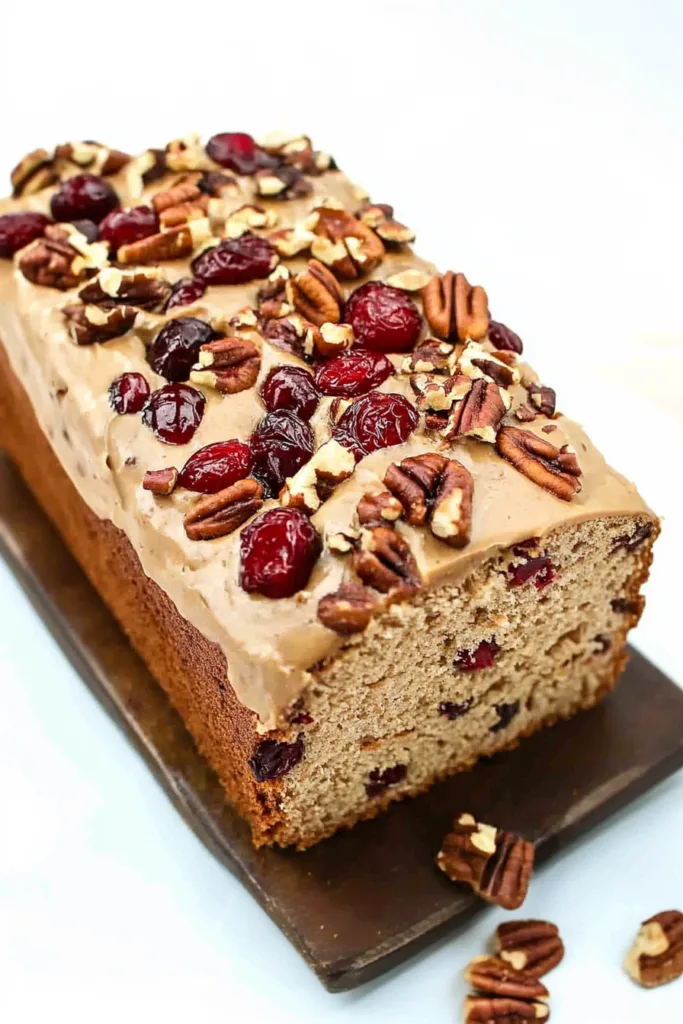 Moist coffee-flavored pound cake with tart cranberry pieces and crunchy pecans baked on top.