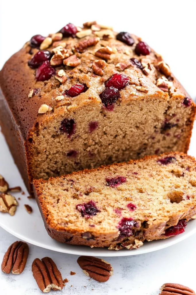 Thick slice of tender cake showing bursts of red cranberries and a nutty pecan topping.