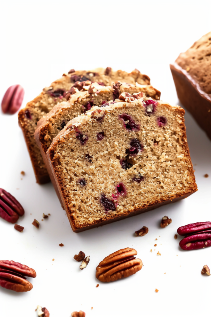 Sliced loaf cake studded with cranberries and topped with chopped pecans on a white plate.