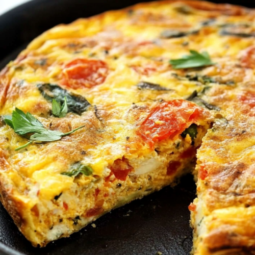 Golden-brown frittata with cherry tomatoes and leafy greens in a skillet.