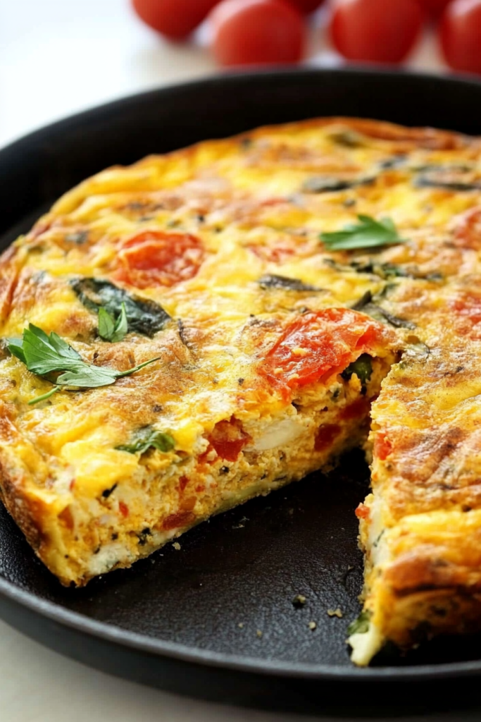 Golden-brown frittata with cherry tomatoes and leafy greens in a skillet.