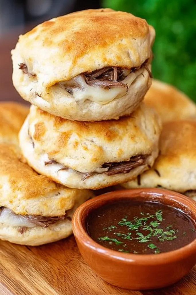Close-up of flaky biscuit layers holding gooey cheese and tender beef