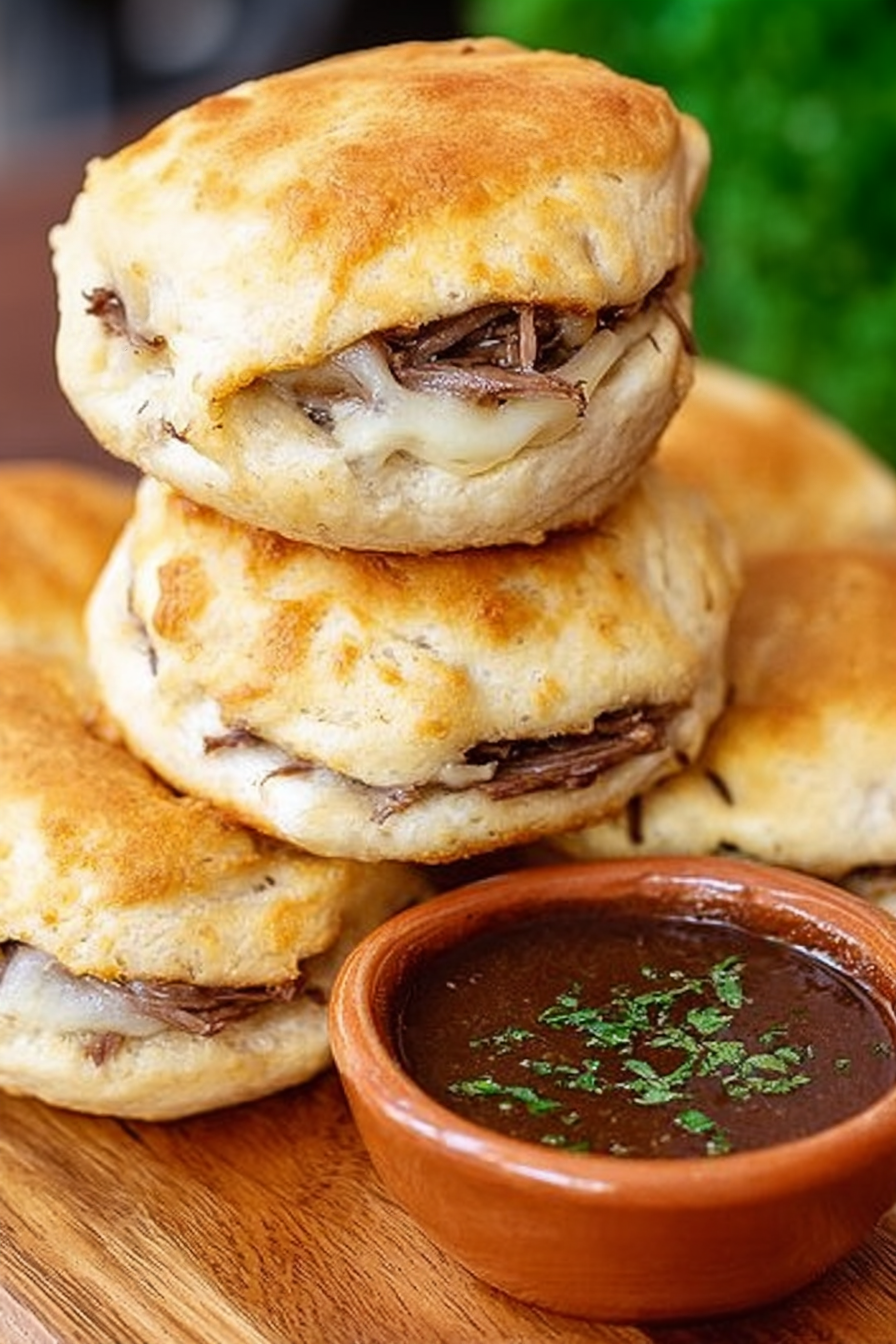 Close-up of flaky biscuit layers holding gooey cheese and tender beef