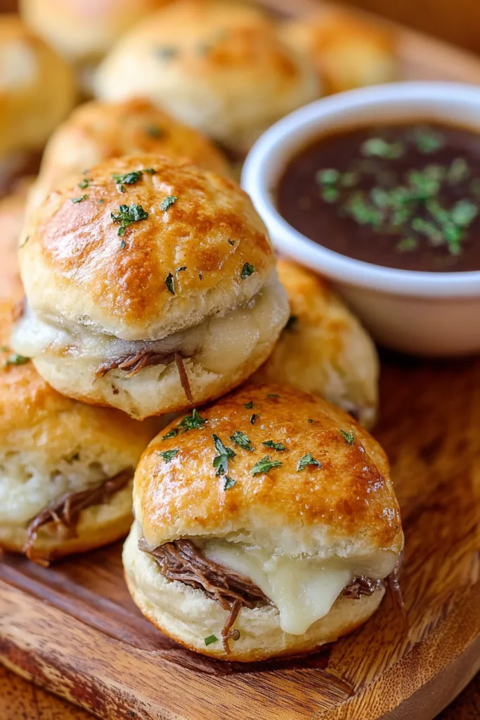 Stacked biscuits showing browned tops and hearty filling, styled with fresh herbs