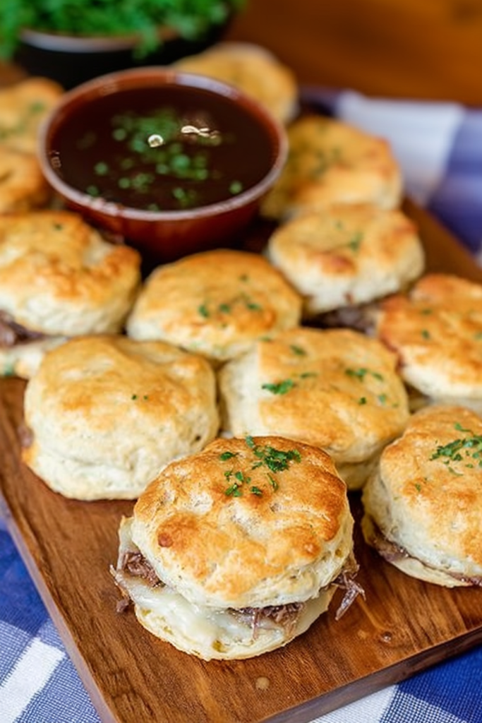 Rustic platter of biscuit sandwiches paired with a dark au jus dipping sauce
