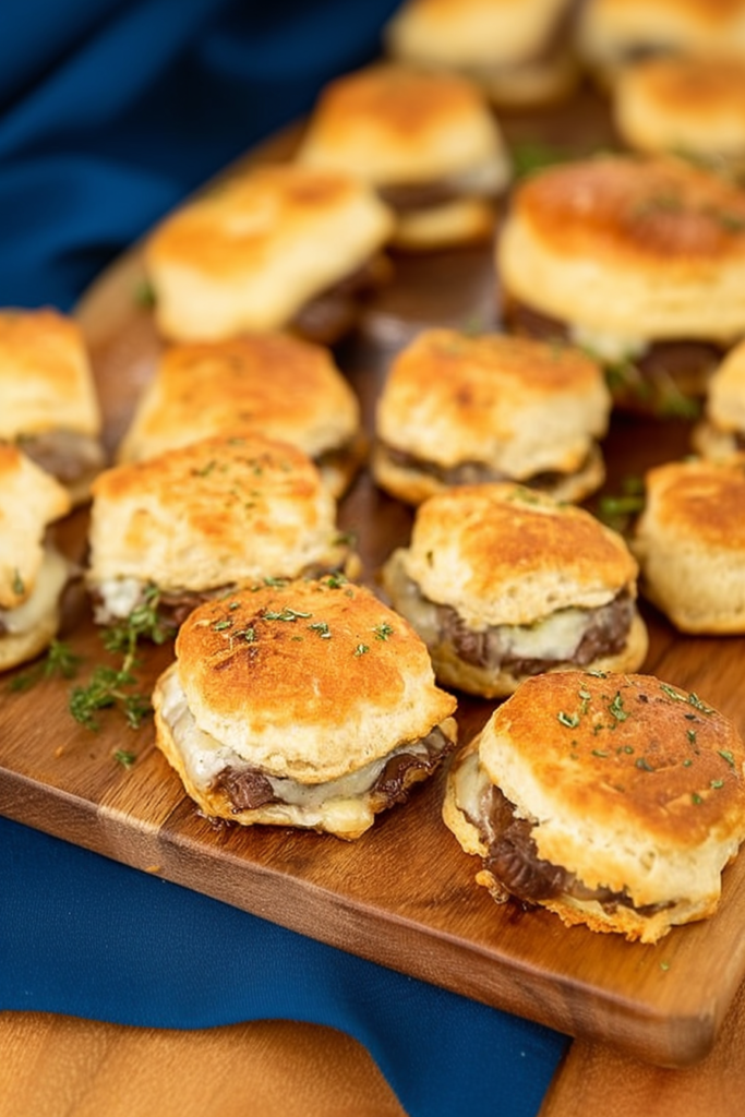 Golden biscuit sandwiches stacked on a wooden board with melted cheese and beef spilling out