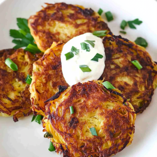 Final plated shot of Fried Spaghetti Squash Fritters, highlighting their crunchy texture.