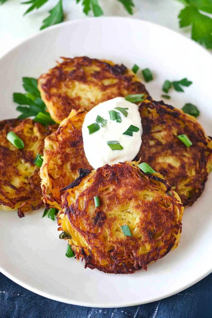 Final plated shot of Fried Spaghetti Squash Fritters, highlighting their crunchy texture.