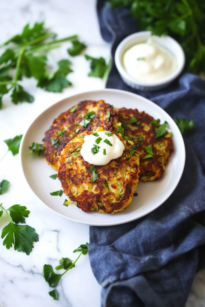 Golden-brown fritters stacked on a plate with a side of dipping sauce.