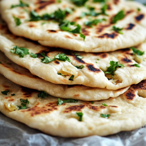 Close-up of soft, puffy flatbread sprinkled with chopped cilantro.