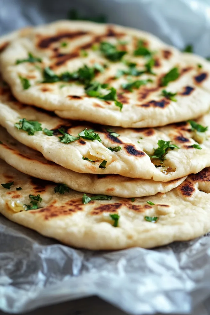 Close-up of soft, puffy flatbread sprinkled with chopped cilantro.