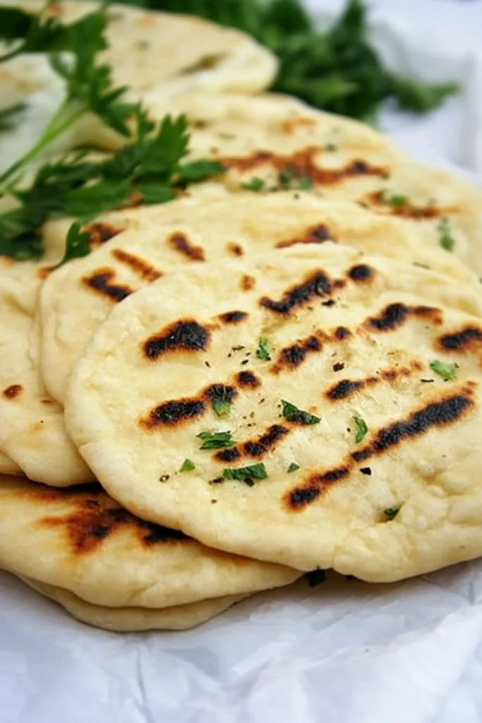 Warm naan showing charred spots from the skillet.