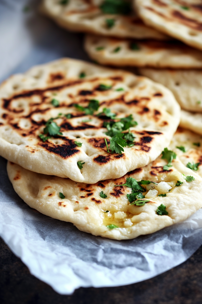 Garlic naan recipe finished with herbs, ready to serve.