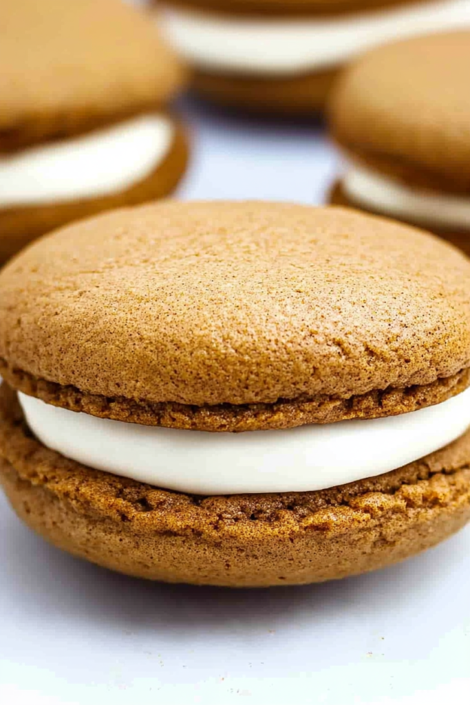 Close-up of soft domed cookies sandwiching a thick layer of cream.