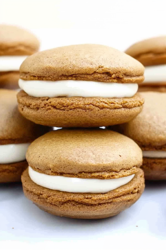 Stacked chocolate-brown cookies with creamy white filling peeking through.