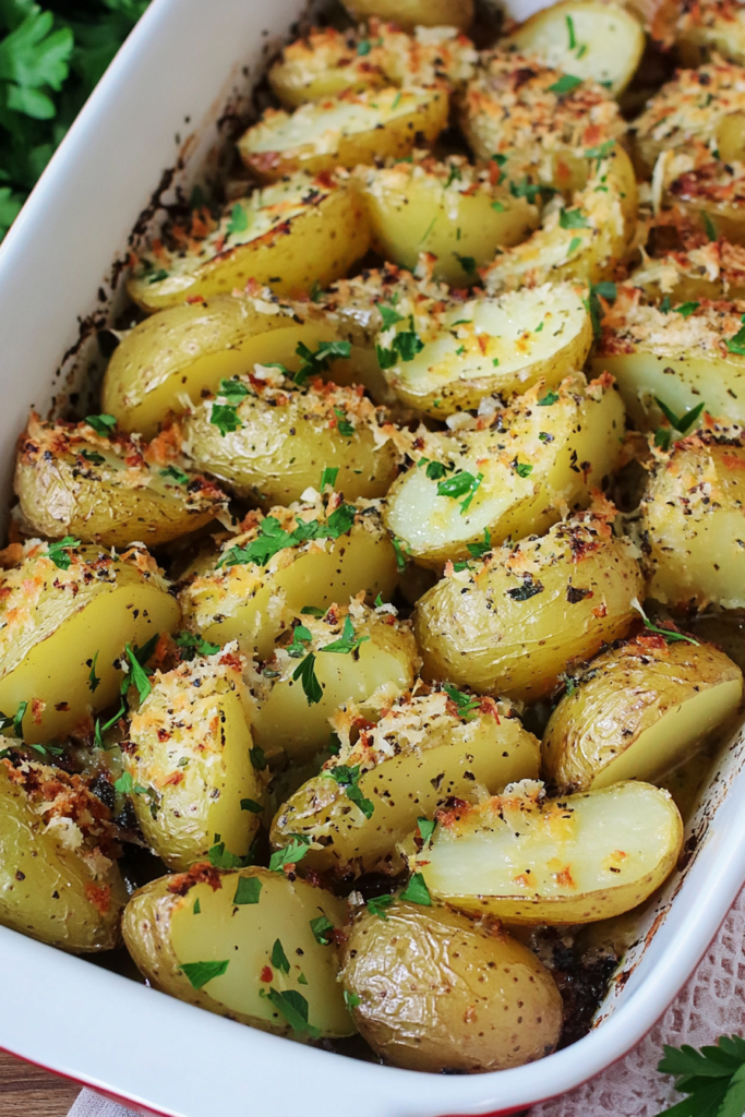 Rustic baking dish filled with herb-seasoned potatoes and melted cheese.