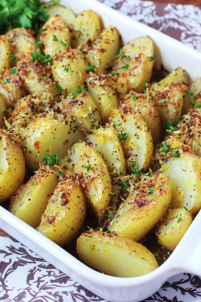 Close-up of halved potatoes baked until tender with a browned cheesy crust.
