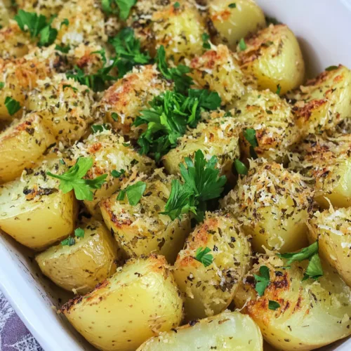 Appetizing side dish of roasted potatoes with a sprinkle of fresh herbs.