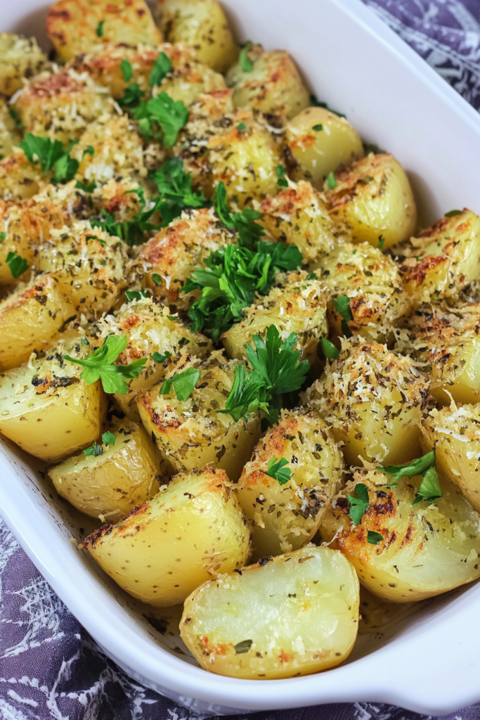 Appetizing side dish of roasted potatoes with a sprinkle of fresh herbs.