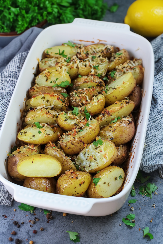 Cheesy roasted potatoes arranged in a ceramic dish on a patterned cloth.