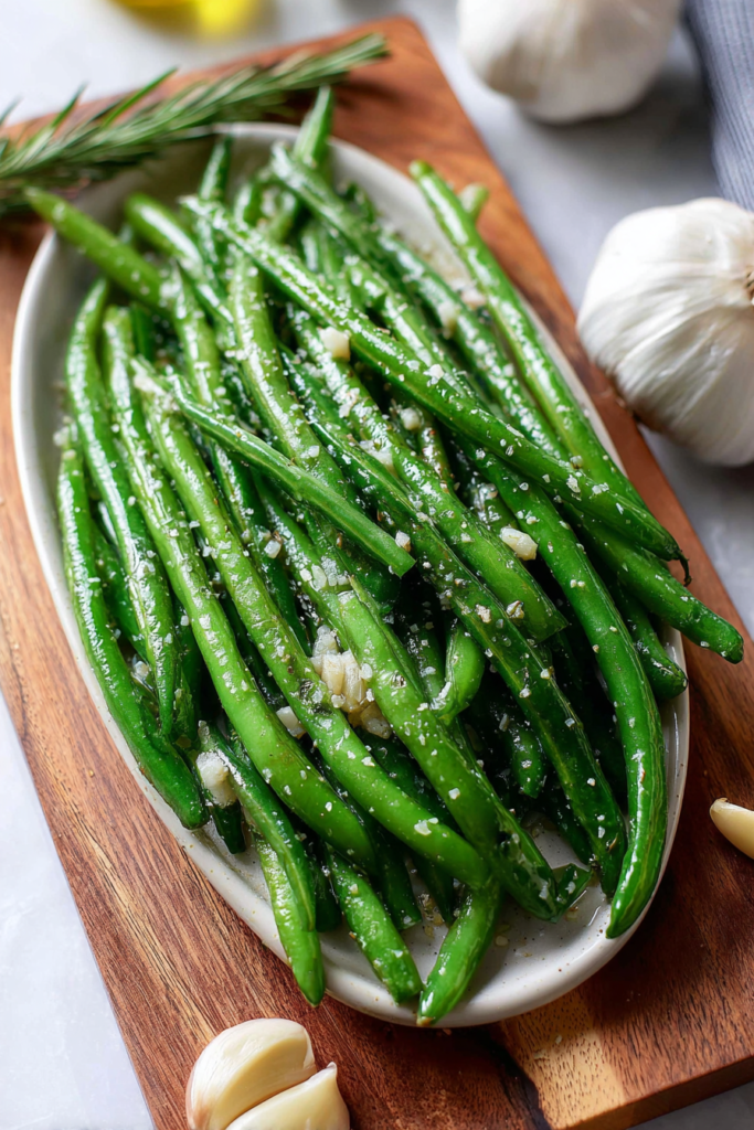 Simple side dish of glossy green beans garnished with sea salt and herbs.