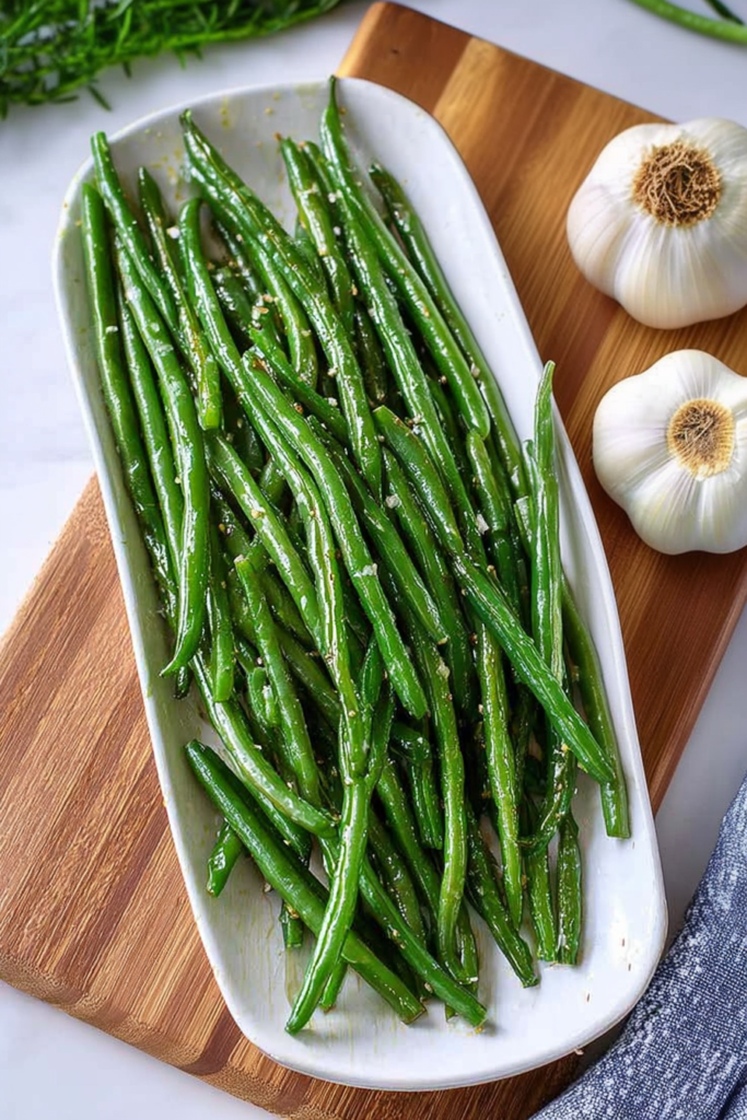 Cooked green beans arranged on a serving plate with whole garlic cloves nearby.