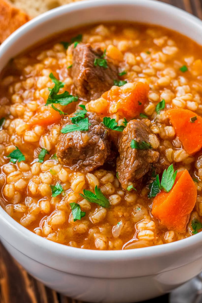 Comforting barley soup loaded with slow-cooked beef and hearty vegetables in a white bowl