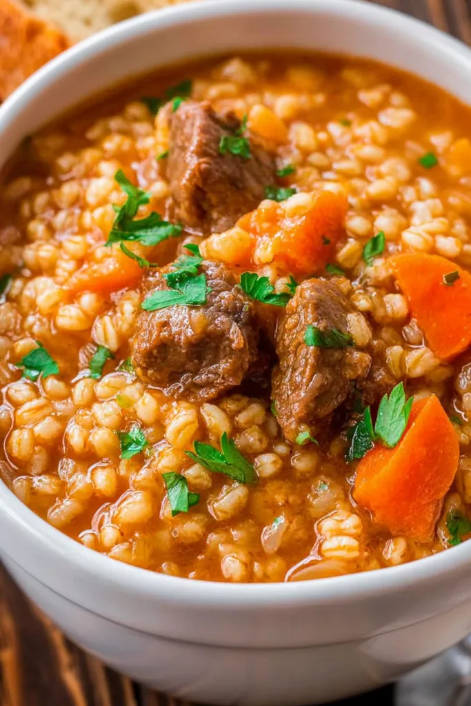 Comforting barley soup loaded with slow-cooked beef and hearty vegetables in a white bowl