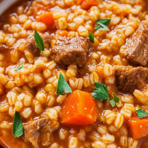 Bowl of beef barley soup with tender beef chunks, carrots, and pearl barley in a rich broth