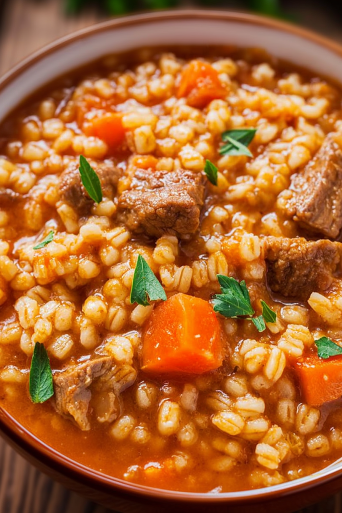 Bowl of beef barley soup with tender beef chunks, carrots, and pearl barley in a rich broth