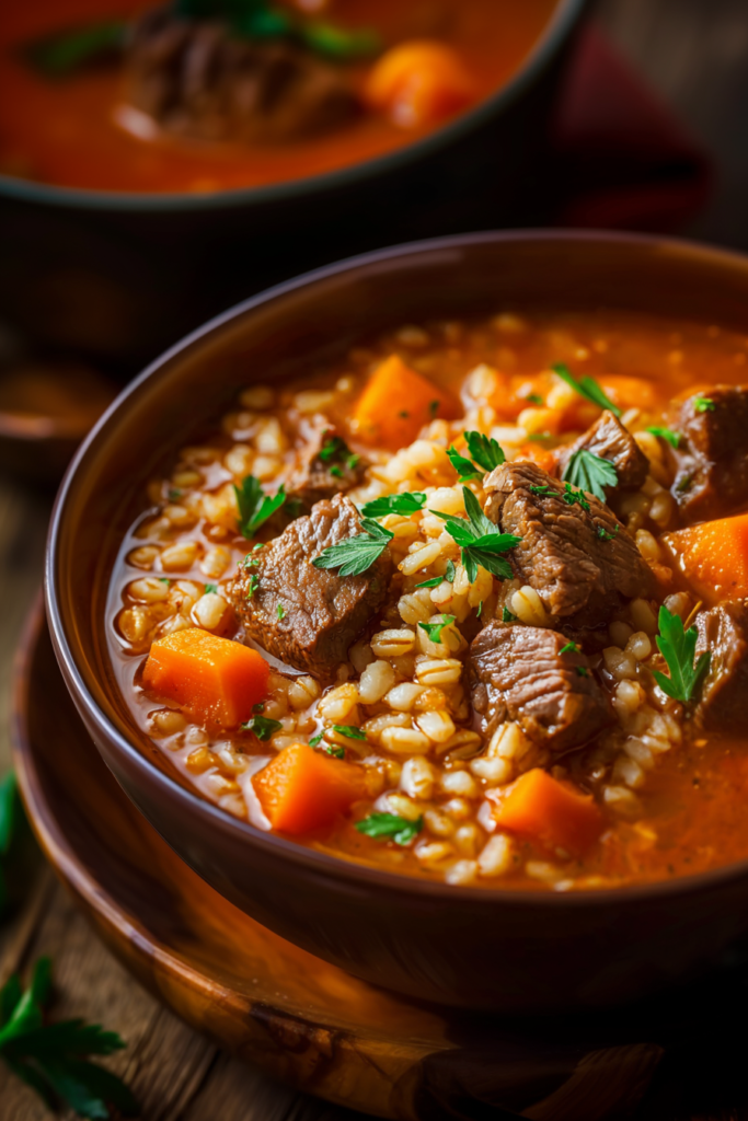 Rustic homemade soup featuring juicy beef pieces, barley, and vegetables in flavorful broth
