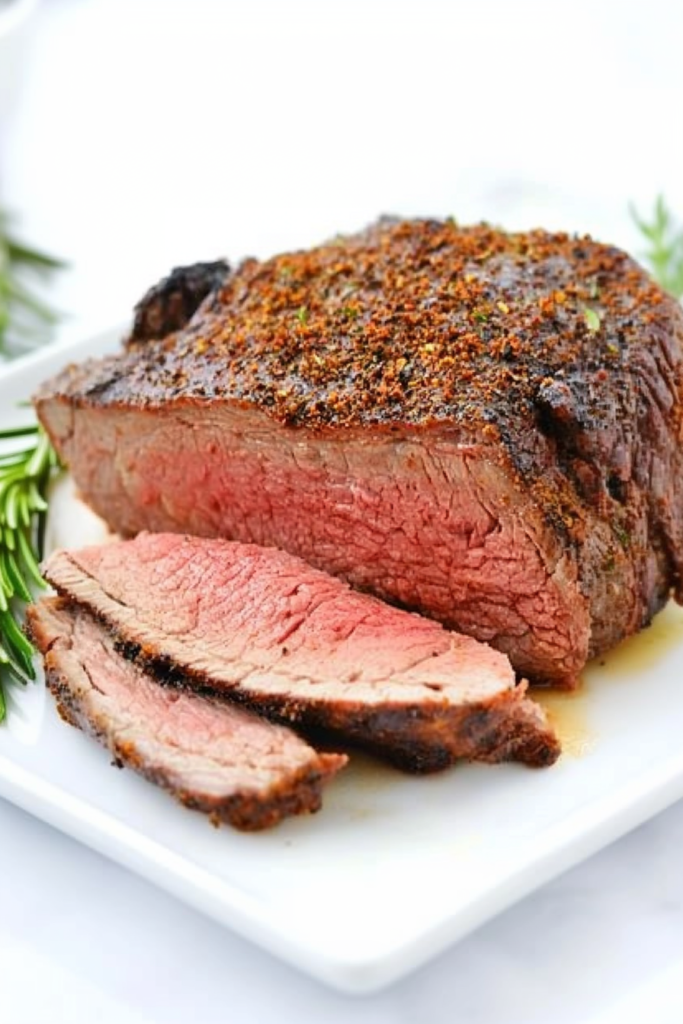 Plate of freshly carved beef with herbs and spices coating the browned exterior.