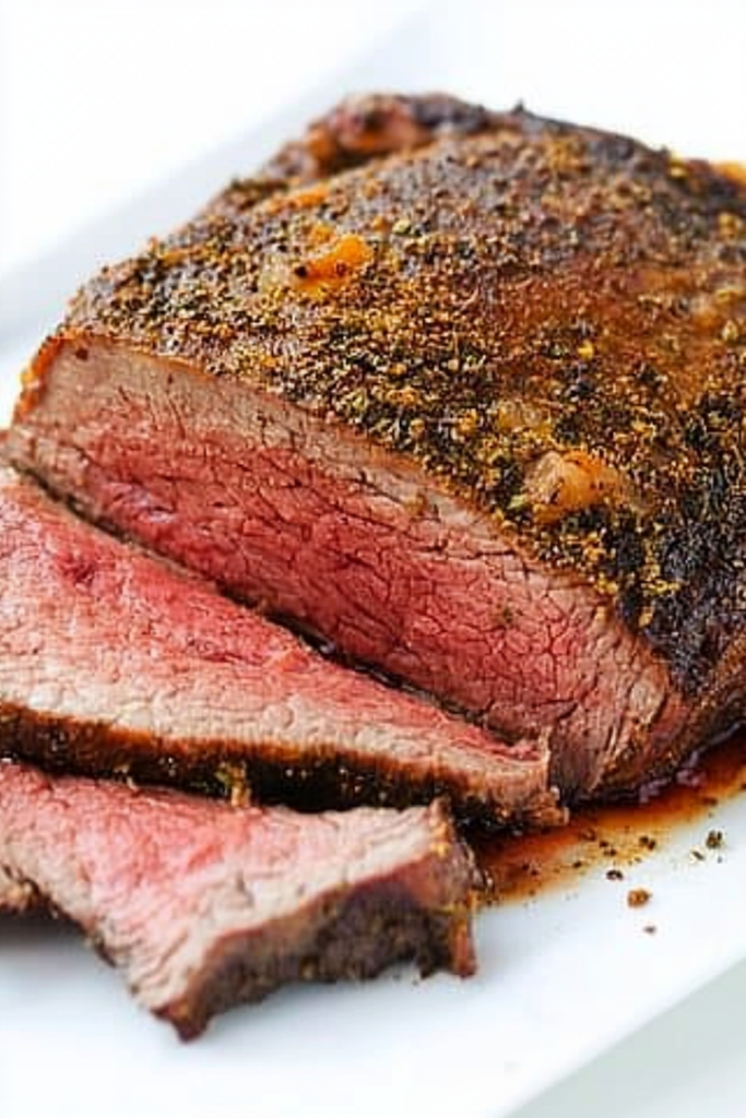 Close-up of tender beef slices with visible juices and a dark herb crust.