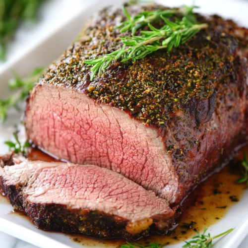Rustic serving of roast beef slices arranged neatly, juices pooling on the plate for a rich look.