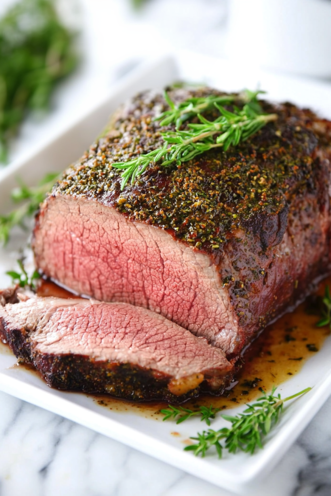 Rustic serving of roast beef slices arranged neatly, juices pooling on the plate for a rich look.