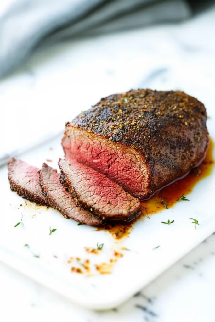 Sliced medium-rare roast beef on a white plate, showing a pink center and seasoned crust.