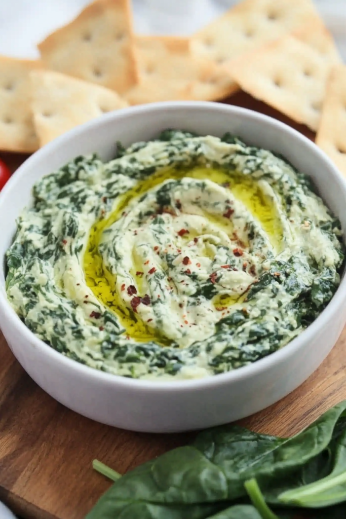 Bowl of spinach dip paired with crackers, styled for a casual party snack or appetizer spread.