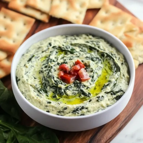 Appetizer presentation featuring spinach dip on a wooden board with square crackers for serving.