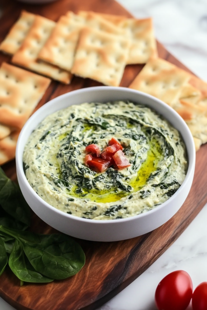 Appetizer presentation featuring spinach dip on a wooden board with square crackers for serving.