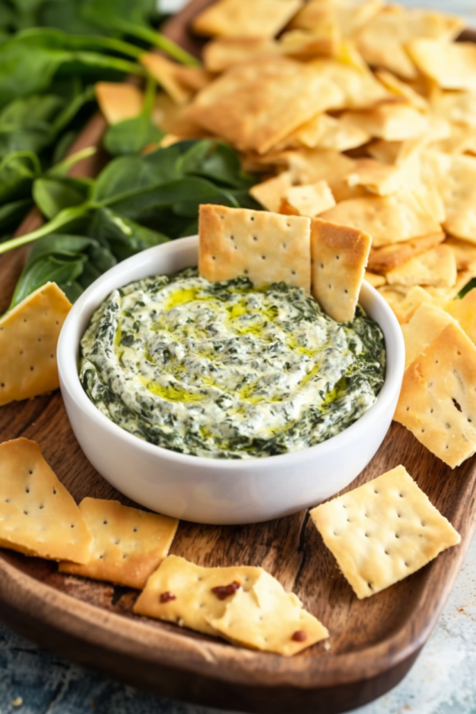Creamy spinach dip in a bowl, topped with olive oil drizzle and red pepper flakes, surrounded by crackers.