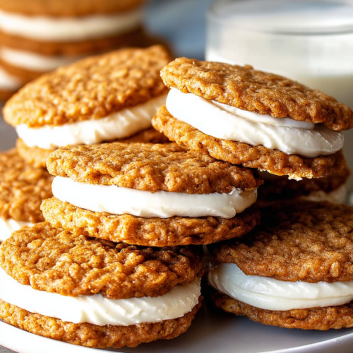 Close-up of chewy oat cookies sandwiched with fluffy marshmallow cream filling