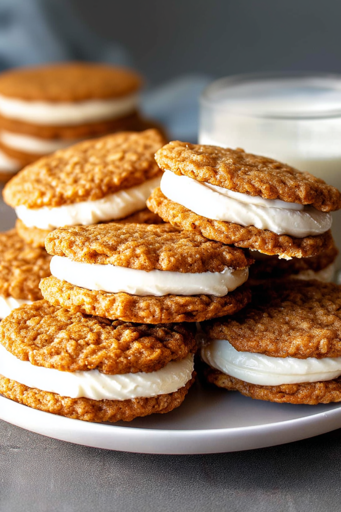 Close-up of chewy oat cookies sandwiched with fluffy marshmallow cream filling