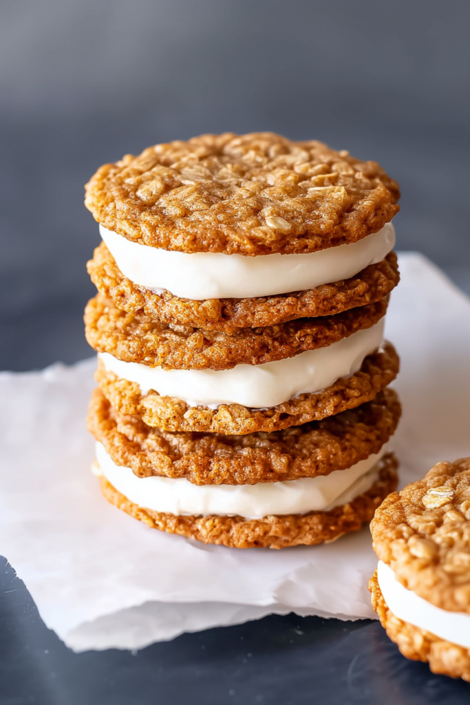 Homemade oat-based cookies layered with sweet white frosting in a rustic kitchen setting