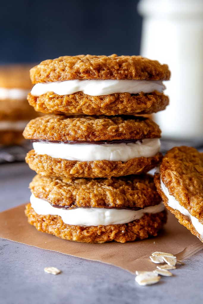Freshly baked cookie sandwiches with smooth cream centers served with a glass of milk