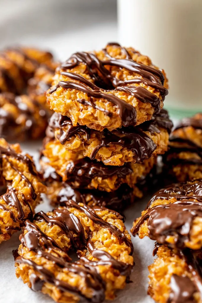 Crunchy cookie rings coated in caramelized coconut flakes and finished with melted chocolate.