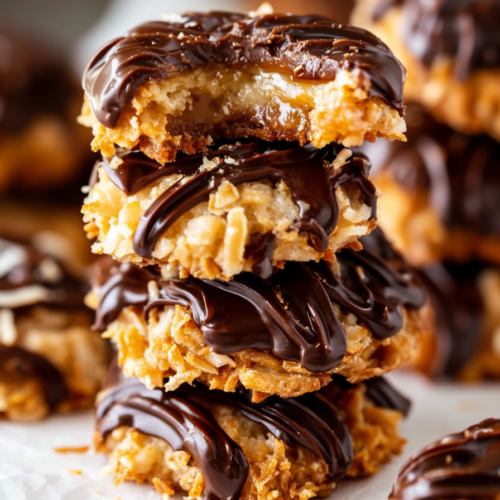Golden toasted coconut cookies stacked together with glossy chocolate stripes on top.