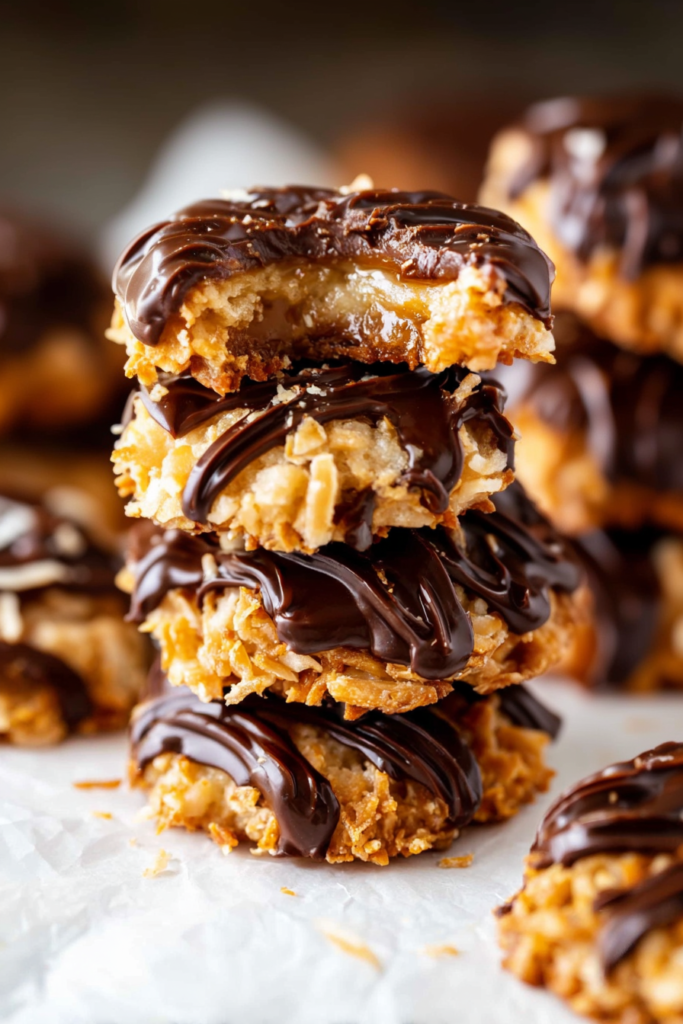 Golden toasted coconut cookies stacked together with glossy chocolate stripes on top.