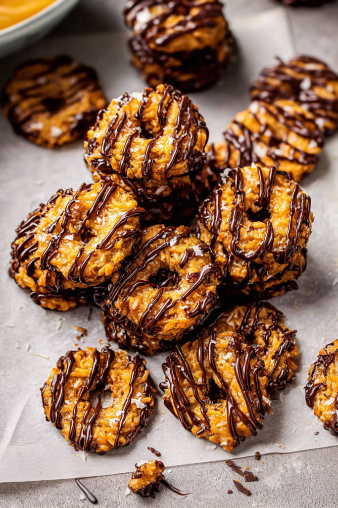 Freshly baked cookie clusters with chewy caramel, toasted coconut, and chocolate topping.