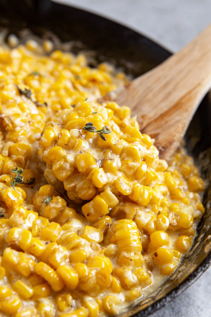 Bowl of creamy corn kernels coated in glossy sauce, topped with fresh parsley for color.
